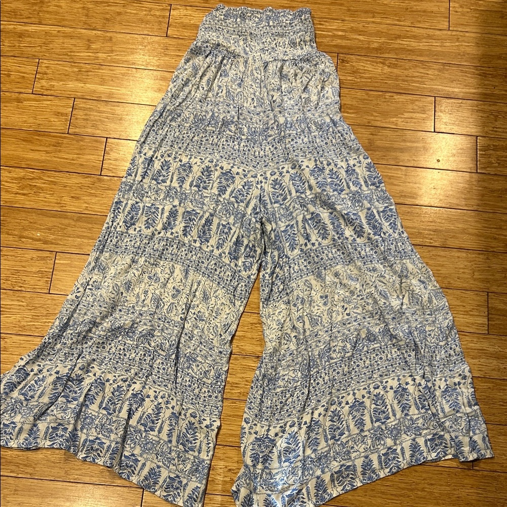 Billabong “Follow Me Pants” Blue & White French Print Boho Textured Pants L